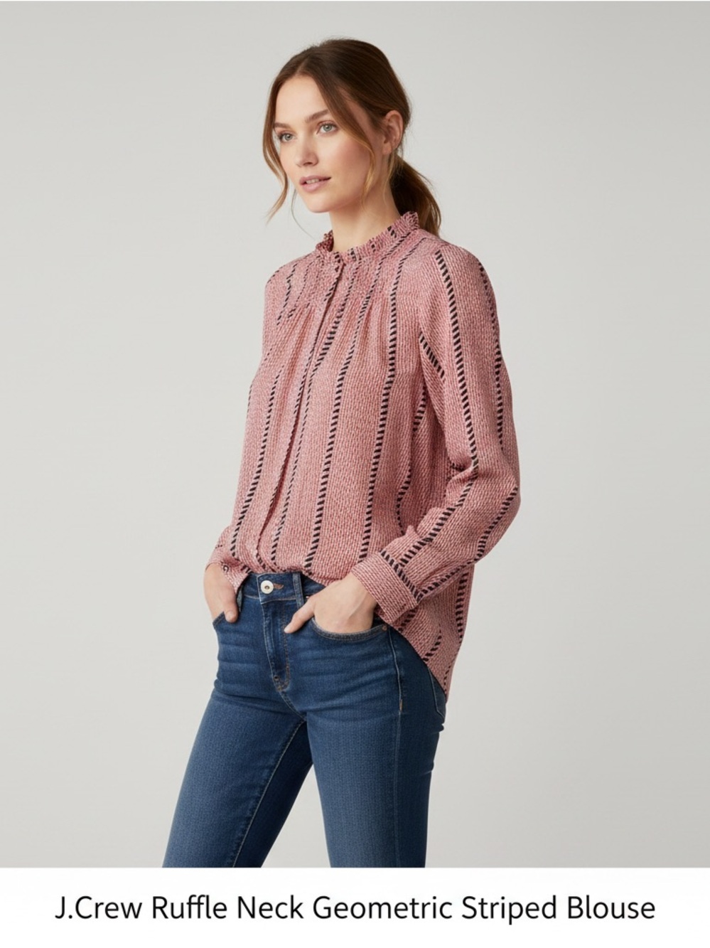 J.Crew Ruffle Neck Blouse Pink Black Geometric Striped XS